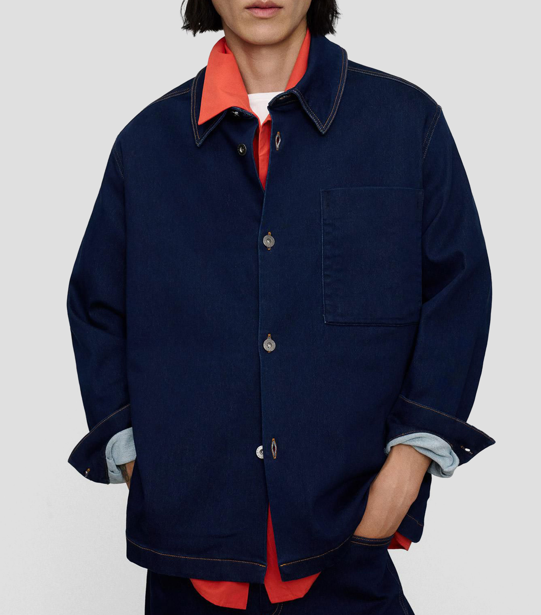 Camisa azul oscuro Liso manga larga Hombre